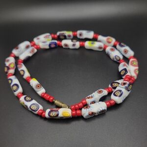 Handmade White Millefiori Glass & Red Bead Necklace c.1970s